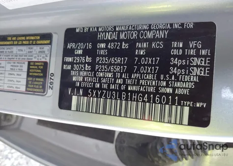 2017 Hyundai Santa Fe Sport 2.4L from USA, damaged, VIN 5XYZU3LB1HG416011